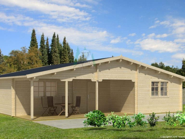 Ein Holzhaus mit Veranda, umgeben von Bäumen und Wiese.